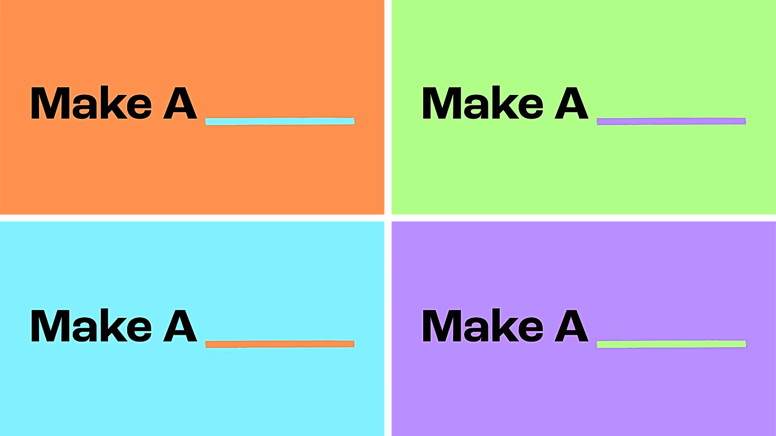 Four 'Make A ___' logo colourways: orange, green, cyan and purple